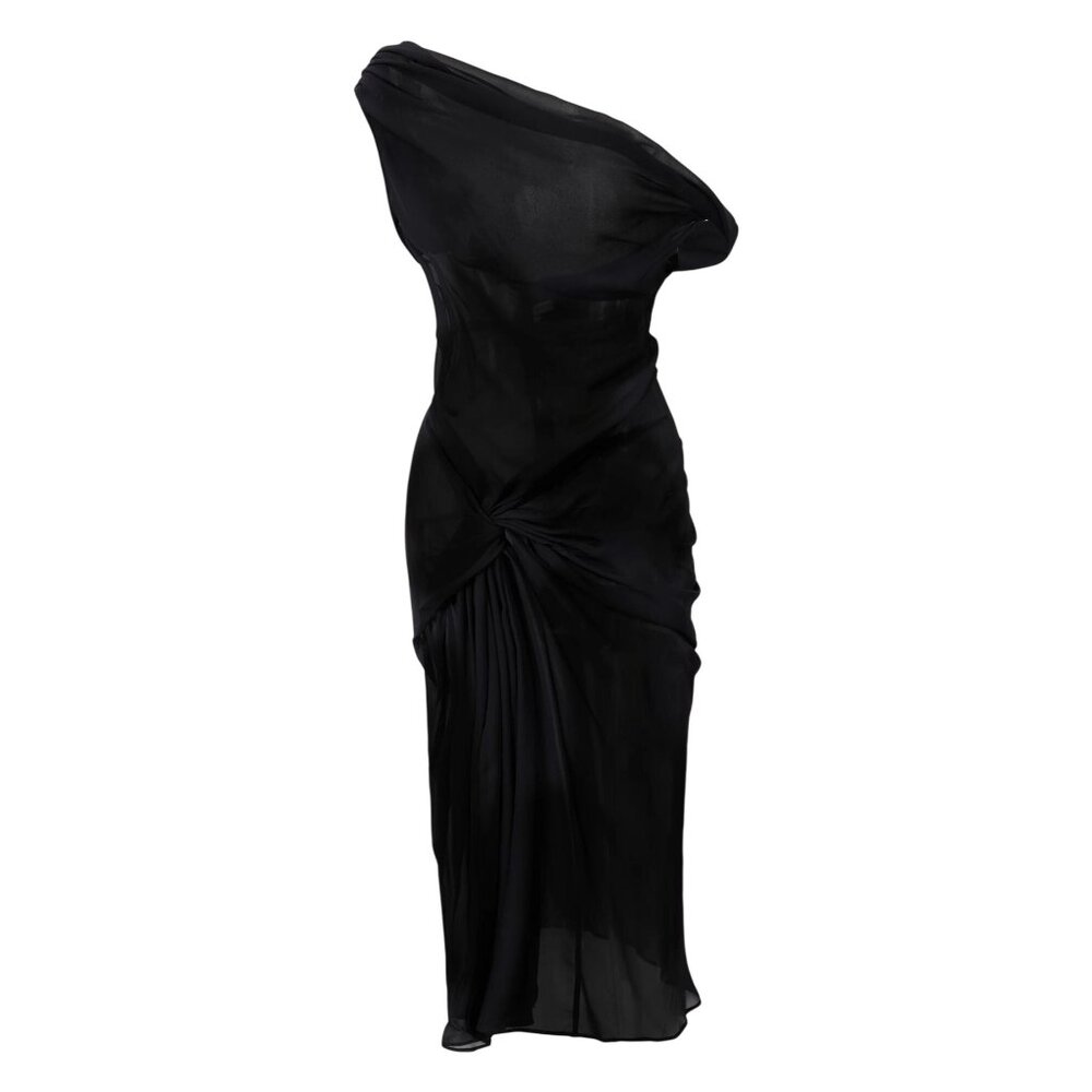 Courtney Zheng Lorens Off Shoulder Silk Midi Dress in Black